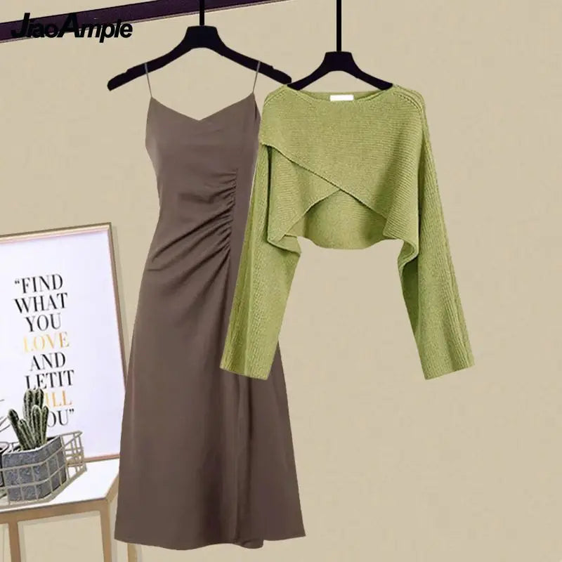 2023 Autumn/Winter New Dress Matching Set Women'S Chic Irregular Knit Sweater Sling Skirt Two Piece Korean Elegant Pullover Suit