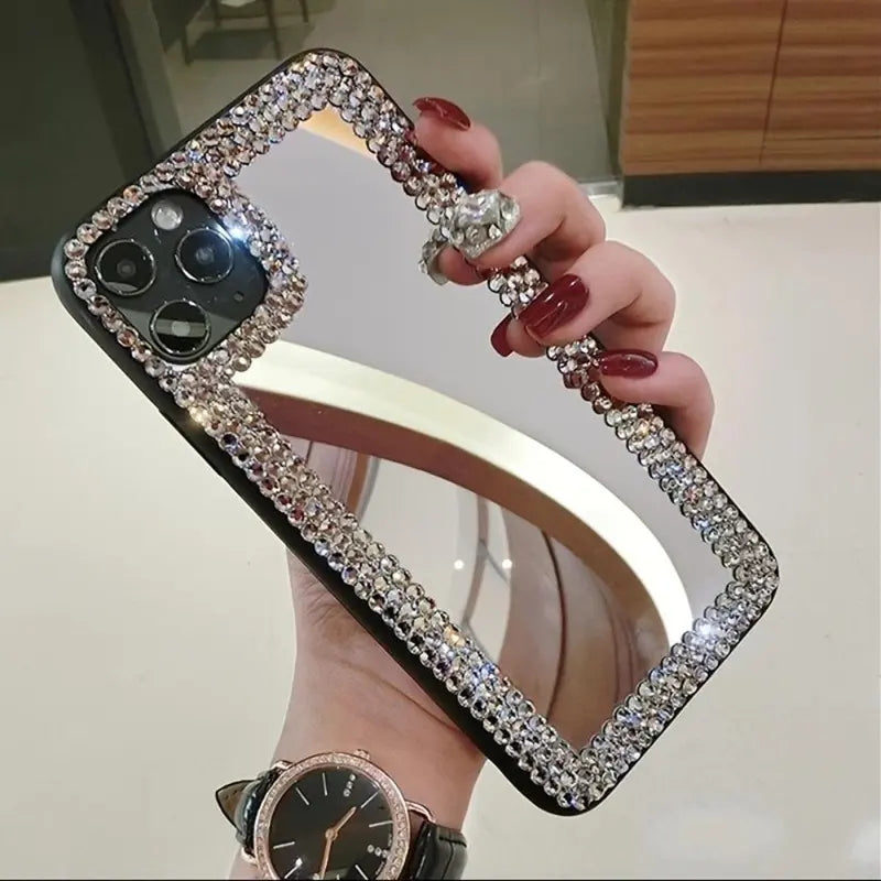 Rhinestone Decor Mirror Phone Case, Mirrored Rhinestone Fully Edged Mobile Phone Case, Shockproof Cases Cover Phone Cases for Iphone 7 8 11 12 13 14 15 Pro Max