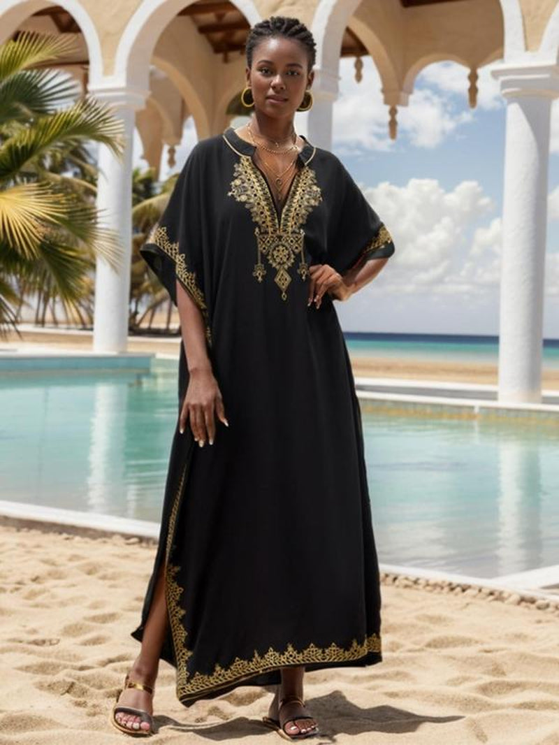 Women'S Ethnic Pattern Embroidering Notched Neck Holiday Dresses, Boho Loose Batwing Sleeve Long Dresses for Summer Beach Vacation Party, Dresses for Women, Summer Dresses 2024, Ladies Clothes for Summer