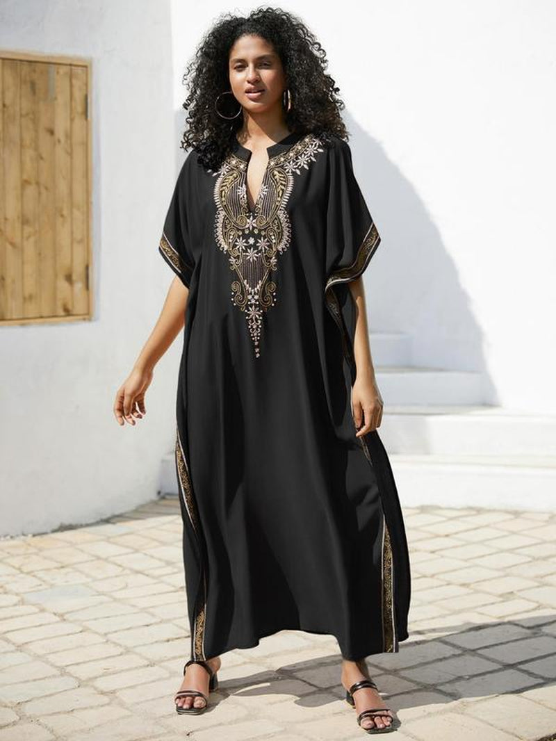 Women'S Ethnic Pattern Embroidering Notched Neck Holiday Dresses, Boho Loose Batwing Sleeve Long Dresses for Summer Beach Vacation Party, Dresses for Women, Summer Dresses 2024, Ladies Clothes for Summer