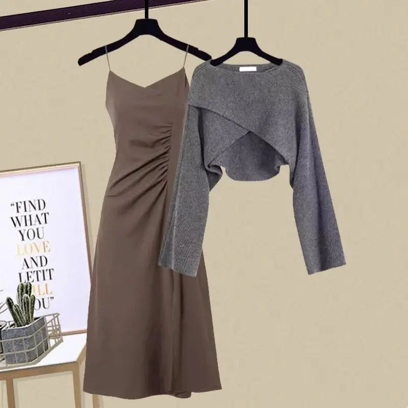 2023 Autumn/Winter New Dress Matching Set Women'S Chic Irregular Knit Sweater Sling Skirt Two Piece Korean Elegant Pullover Suit