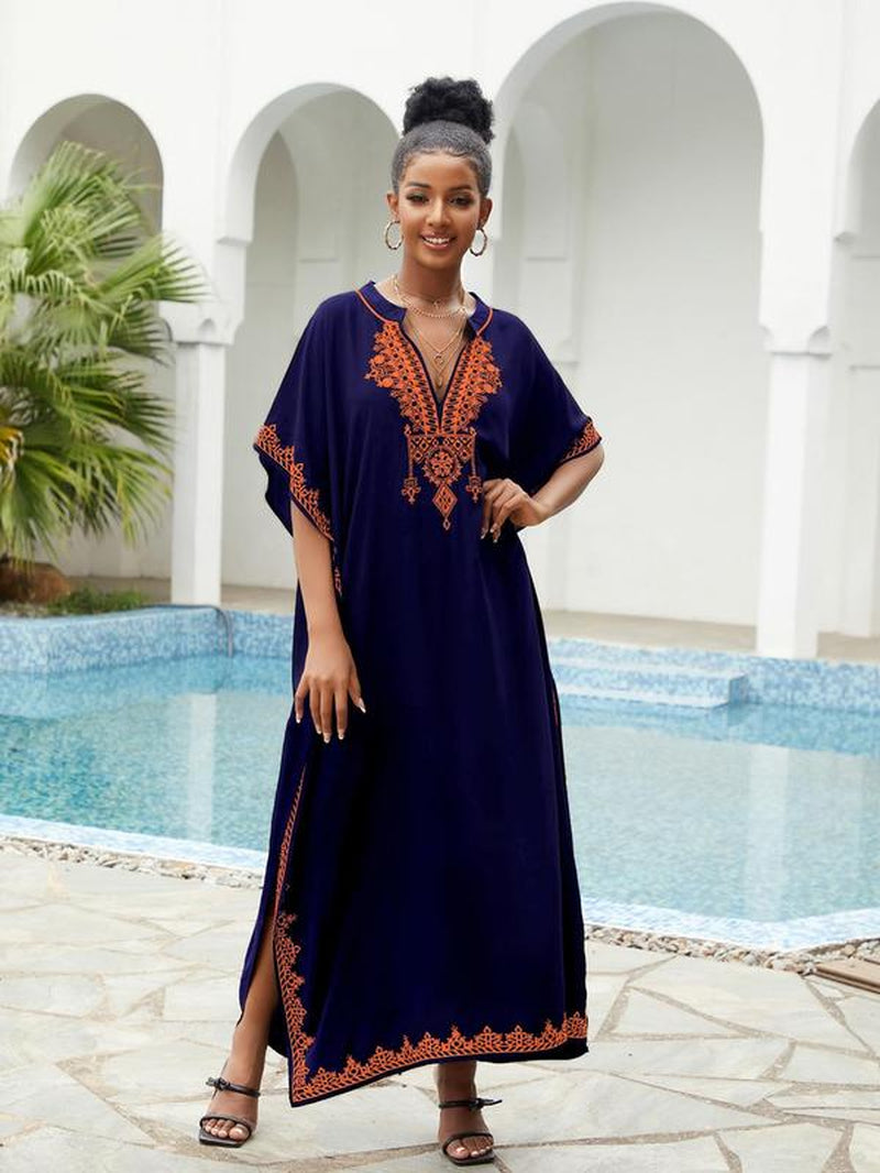 Women'S Ethnic Pattern Embroidering Notched Neck Holiday Dresses, Boho Loose Batwing Sleeve Long Dresses for Summer Beach Vacation Party, Dresses for Women, Summer Dresses 2024, Ladies Clothes for Summer