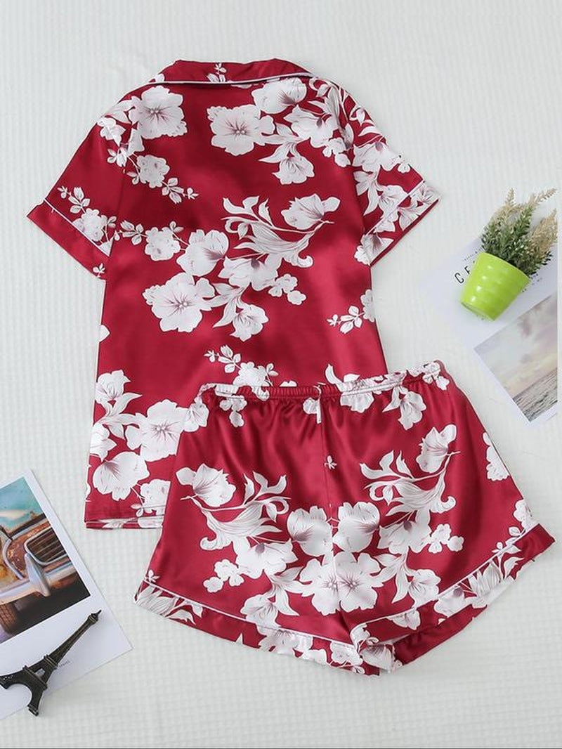 Two-Piece Set Women'S Floral Print Pocket Soft Satin Pyjama Set, Summer Clothes Women, Casual Button Front Top & Elastic Waist Shorts, Women'S Sleepwear for Summer