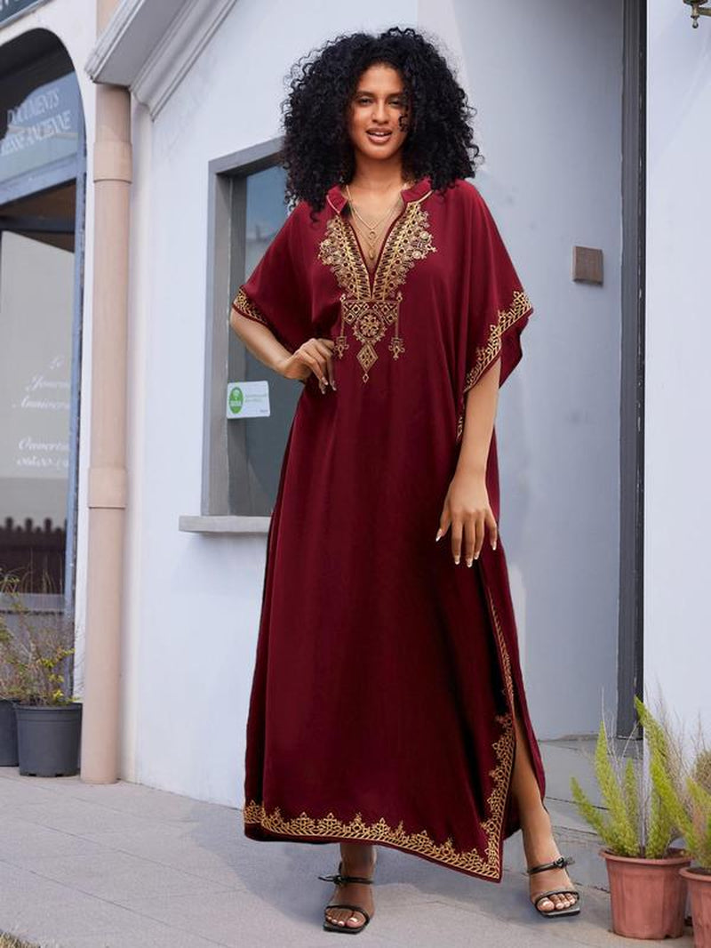 Women'S Ethnic Pattern Embroidering Notched Neck Holiday Dresses, Boho Loose Batwing Sleeve Long Dresses for Summer Beach Vacation Party, Dresses for Women, Summer Dresses 2024, Ladies Clothes for Summer