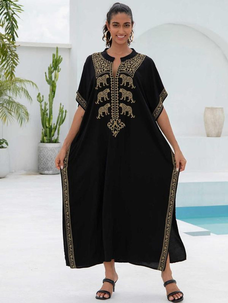 Women'S Ethnic Pattern Embroidering Notched Neck Holiday Dresses, Boho Loose Batwing Sleeve Long Dresses for Summer Beach Vacation Party, Dresses for Women, Summer Dresses 2024, Ladies Clothes for Summer