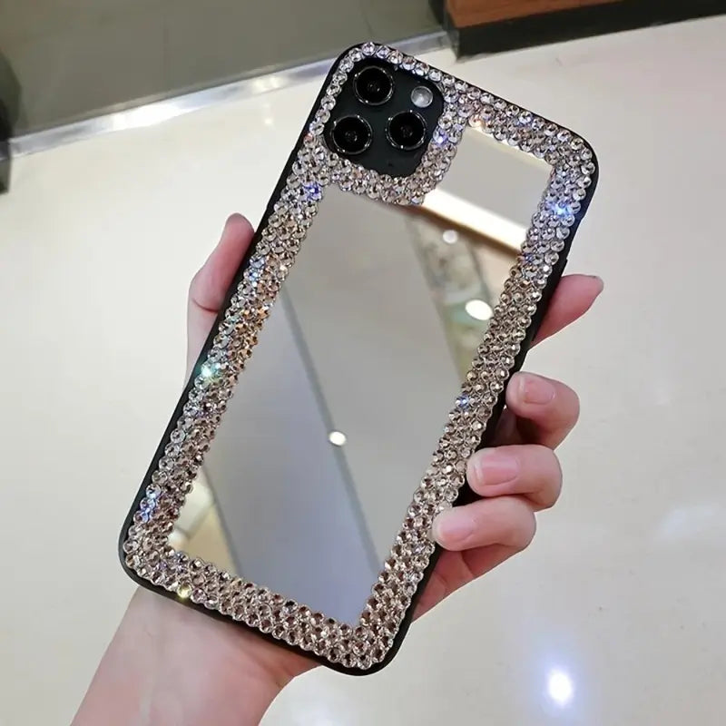 Rhinestone Decor Mirror Phone Case, Mirrored Rhinestone Fully Edged Mobile Phone Case, Shockproof Cases Cover Phone Cases for Iphone 7 8 11 12 13 14 15 Pro Max