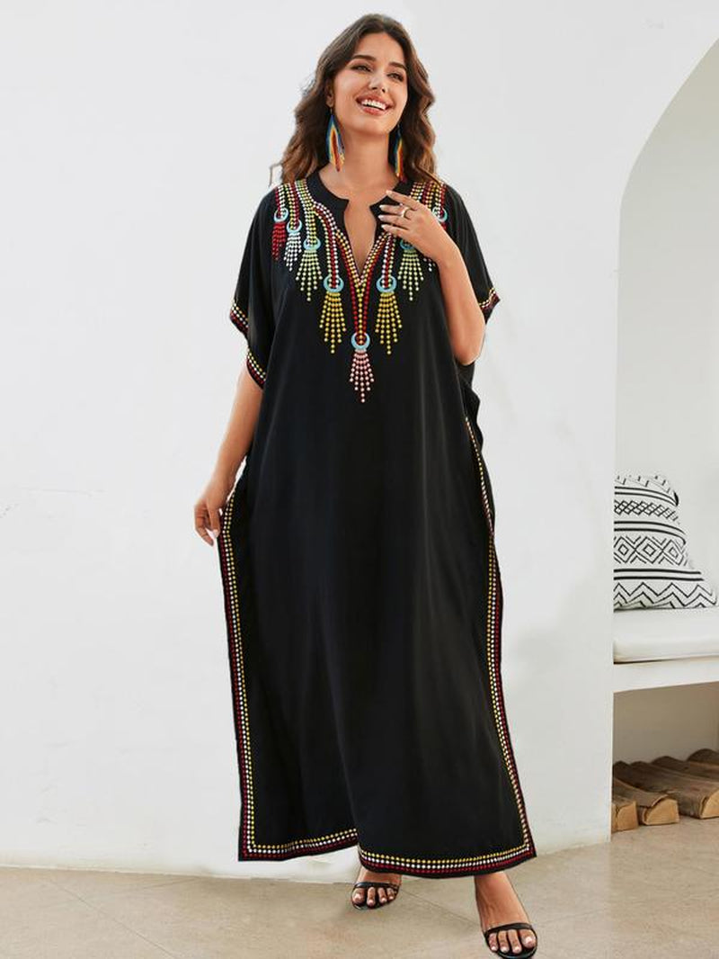 Women'S Ethnic Pattern Embroidering Notched Neck Holiday Dresses, Boho Loose Batwing Sleeve Long Dresses for Summer Beach Vacation Party, Dresses for Women, Summer Dresses 2024, Ladies Clothes for Summer