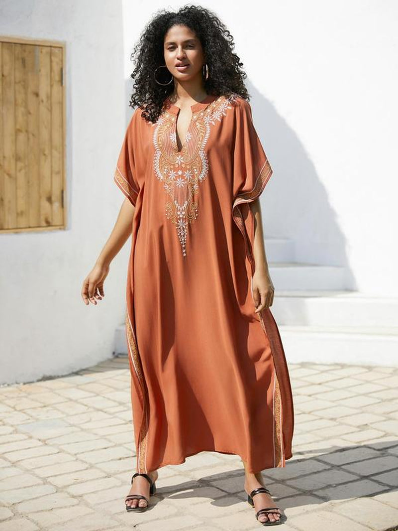 Women'S Ethnic Pattern Embroidering Notched Neck Holiday Dresses, Boho Loose Batwing Sleeve Long Dresses for Summer Beach Vacation Party, Dresses for Women, Summer Dresses 2024, Ladies Clothes for Summer