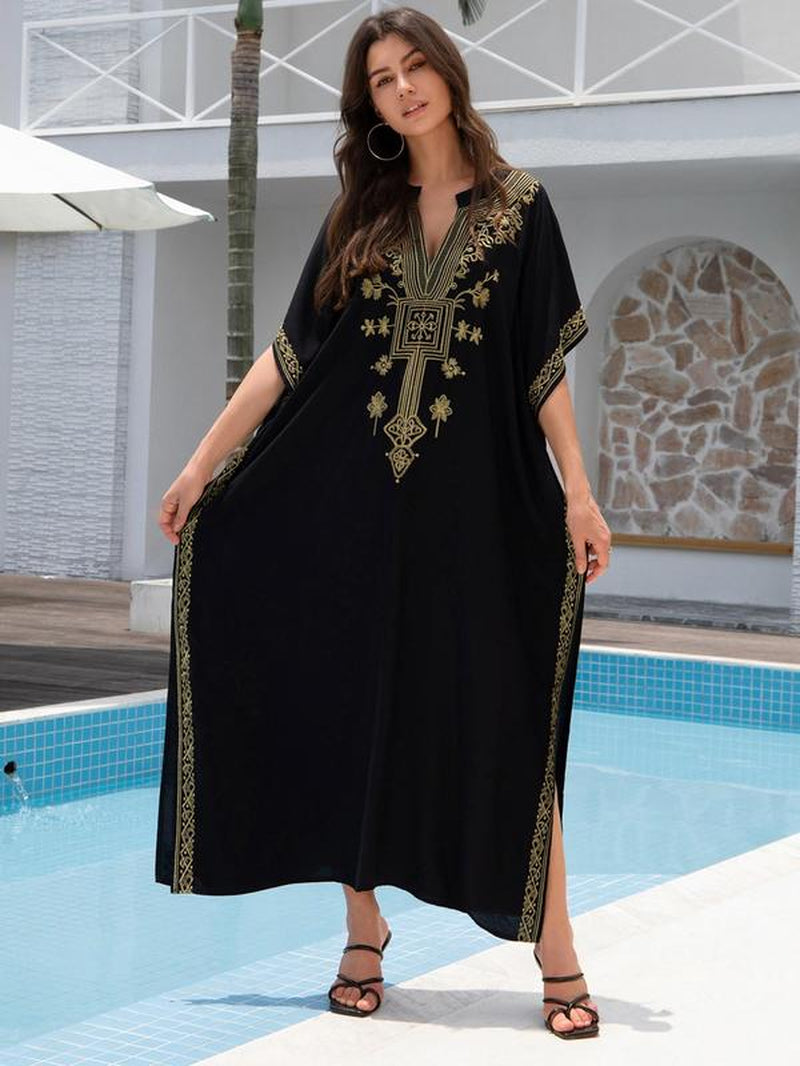 Women'S Ethnic Pattern Embroidering Notched Neck Holiday Dresses, Boho Loose Batwing Sleeve Long Dresses for Summer Beach Vacation Party, Dresses for Women, Summer Dresses 2024, Ladies Clothes for Summer