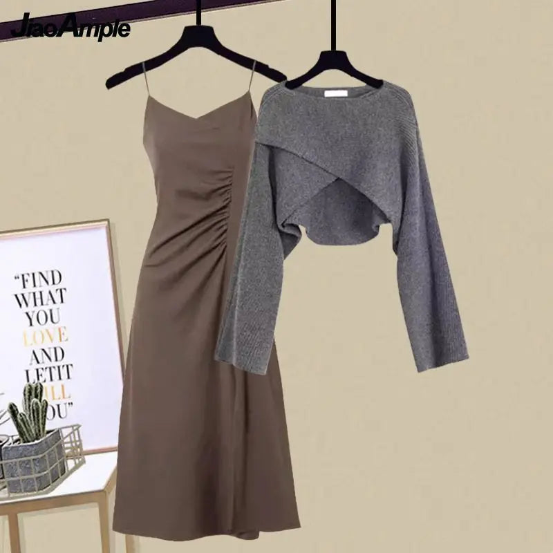 2023 Autumn/Winter New Dress Matching Set Women'S Chic Irregular Knit Sweater Sling Skirt Two Piece Korean Elegant Pullover Suit